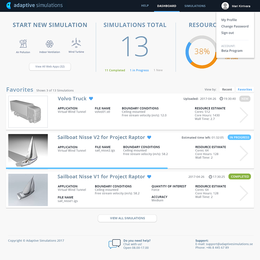 Dashboard for Simulations Web App – UX/UI Development